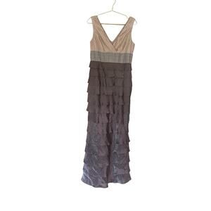 Adrianna Papell Occasions Evening Gown Sz 8 Brown Tiered Metallic Formal Dress